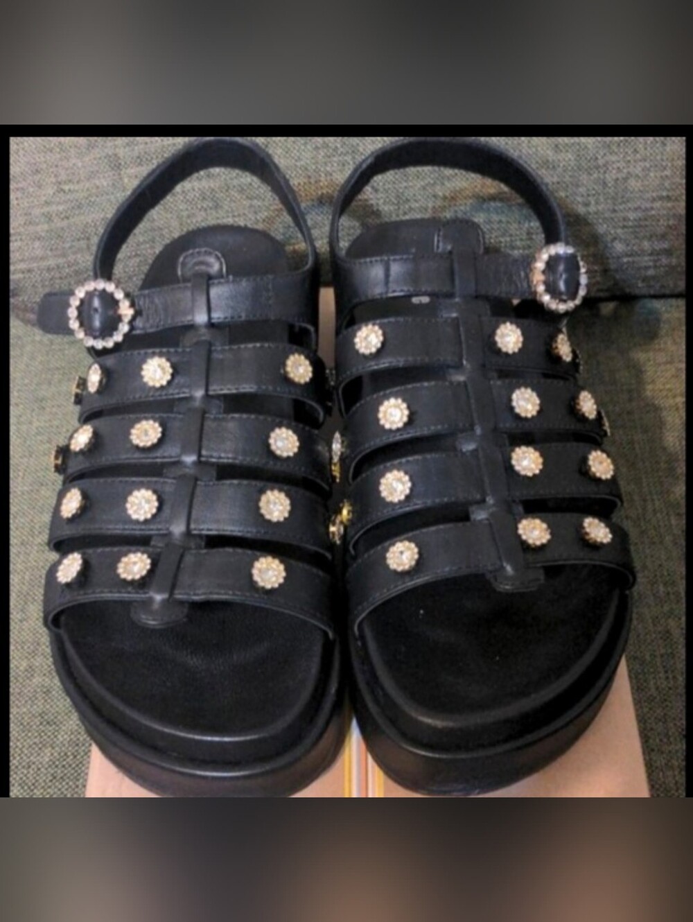 Anthropologie Black Leather Fisherman Platform Rhinestone Sandals 9.5